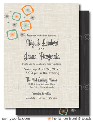 Dive into the charm of yesteryears with our "Mad Men" inspired Atomic Mid-Century Modern Wedding Invitation Set, meticulously crafted for couples who revel in the classic MCM design. This digital set captures the polished essence of the 1950s-1960s mid-century era, blending a sleek Palm Springs aesthetic with bold atomic-style starburst patterns and amoeba shapes in a vibrant palette of orange, aqua, charcoal gray, and tan.