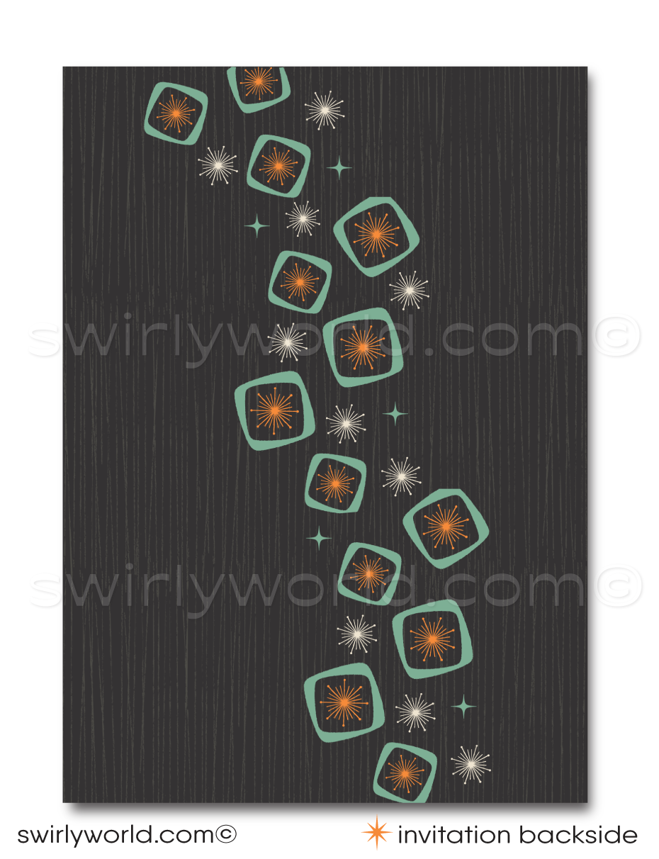 Dive into the charm of yesteryears with our "Mad Men" inspired Atomic Mid-Century Modern Wedding Invitation Set, meticulously crafted for couples who revel in the classic MCM design. This digital set captures the polished essence of the 1950s-1960s mid-century era, blending a sleek Palm Springs aesthetic with bold atomic-style starburst patterns and amoeba shapes in a vibrant palette of orange, aqua, charcoal gray, and tan.