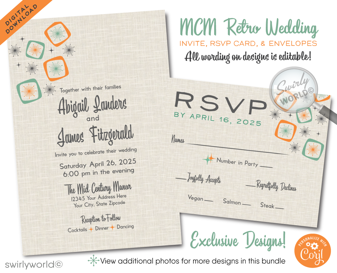 Dive into the charm of yesteryears with our "Mad Men" inspired Atomic Mid-Century Modern Wedding Invitation Set, meticulously crafted for couples who revel in the classic MCM design. This digital set captures the polished essence of the 1950s-1960s mid-century era, blending a sleek Palm Springs aesthetic with bold atomic-style starburst patterns and amoeba shapes in a vibrant palette of orange, aqua, charcoal gray, and tan.