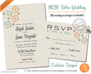 Dive into the charm of yesteryears with our "Mad Men" inspired Atomic Mid-Century Modern Wedding Invitation Set, meticulously crafted for couples who revel in the classic MCM design. This digital set captures the polished essence of the 1950s-1960s mid-century era, blending a sleek Palm Springs aesthetic with bold atomic-style starburst patterns and amoeba shapes in a vibrant palette of orange, aqua, charcoal gray, and tan.