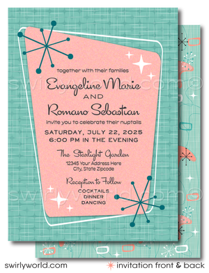 Immerse yourselves in the elegance of the past with our Atomic Powder Pink and Blue Wedding Invitation Set, crafted specifically for couples who adore the classic Mad Men style. This digital download embodies the refined allure of the 1950s-1960s mid-century modern period, merging a chic Palm Springs aesthetic with striking atomic-style starburst motifs, amoeba shapes, and boomerangs in iconic midmod colors.