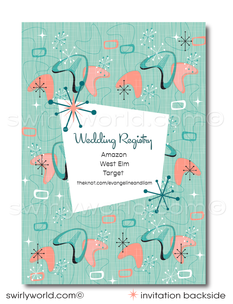 Atomic Powder Pink and Blue Mid-Century Modern Starbursts Digital Wedding Invitation Set