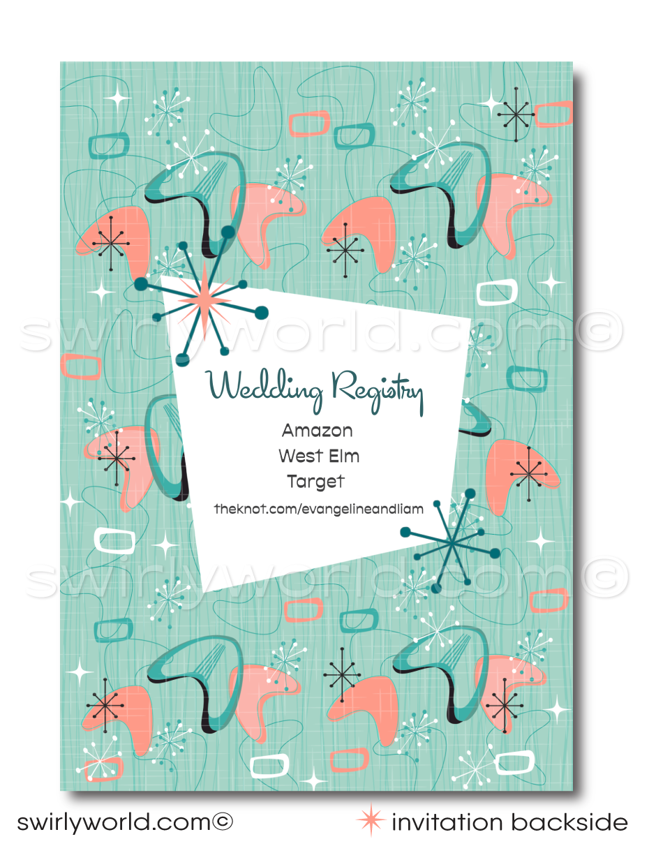 Immerse yourselves in the elegance of the past with our Atomic Powder Pink and Blue Wedding Invitation Set, crafted specifically for couples who adore the classic Mad Men style. This digital download embodies the refined allure of the 1950s-1960s mid-century modern period, merging a chic Palm Springs aesthetic with striking atomic-style starburst motifs, amoeba shapes, and boomerangs in iconic midmod colors.