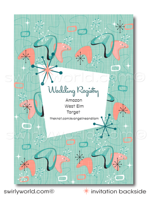 Atomic Powder Pink and Blue Mid-Century Modern Starbursts Digital Wedding Invitation Set