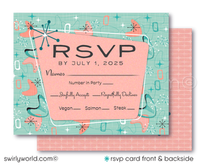 Atomic Powder Pink and Blue Mid-Century Modern Starbursts Digital Wedding Invitation Set