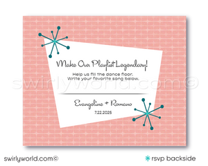 Atomic Powder Pink and Blue Mid-Century Modern Starbursts Digital Wedding Invitation Set