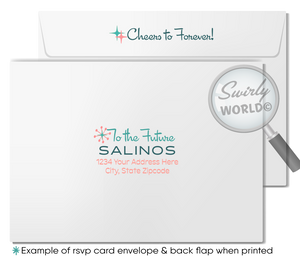 Atomic Powder Pink and Blue Mid-Century Modern Starbursts Digital Wedding Invitation Set