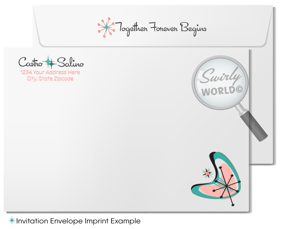Atomic Powder Pink and Blue Mid-Century Modern Starbursts Digital Wedding Invitation Set