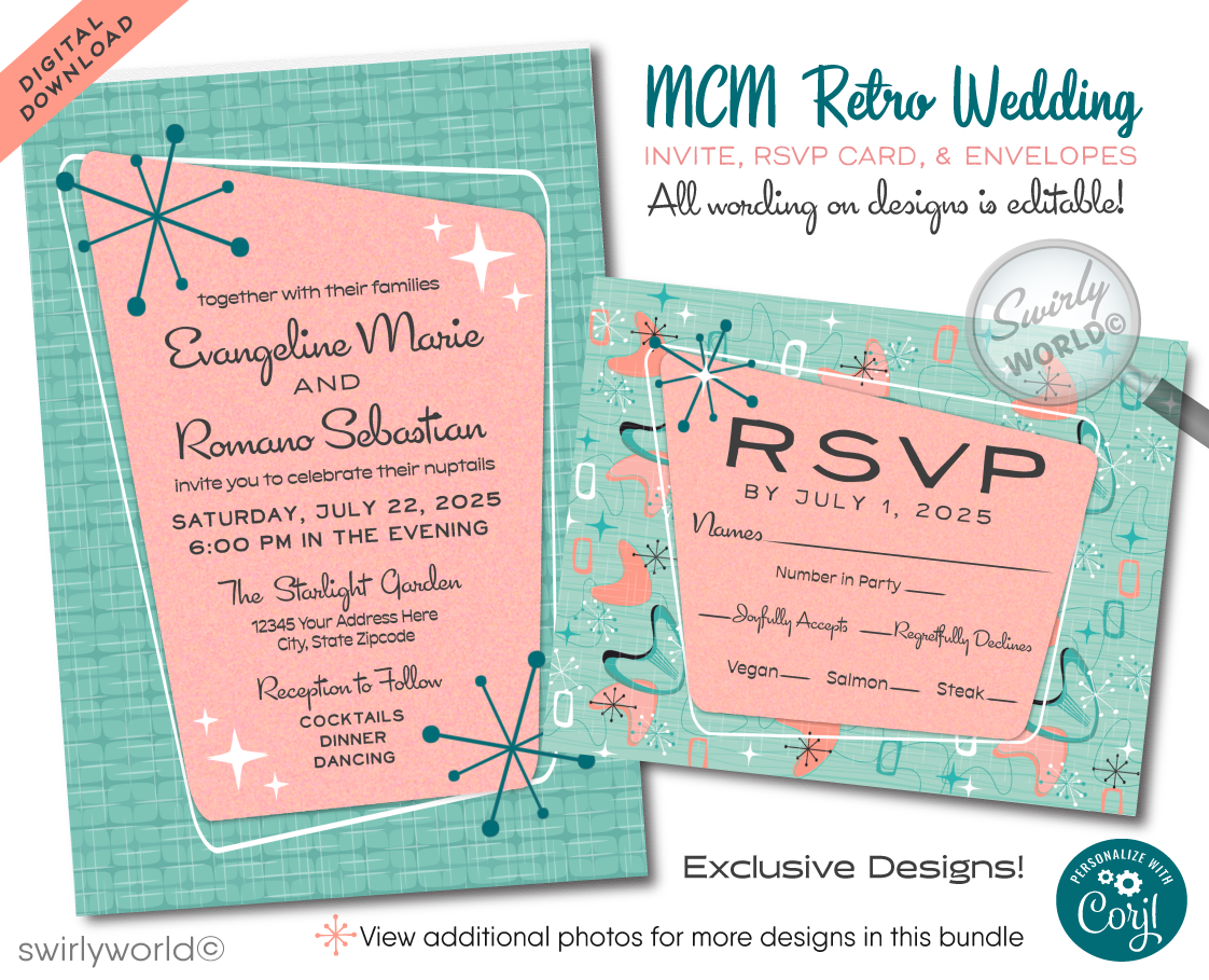 Immerse yourselves in the elegance of the past with our Atomic Powder Pink and Blue Wedding Invitation Set, crafted specifically for couples who adore the classic Mad Men style. This digital download embodies the refined allure of the 1950s-1960s mid-century modern period, merging a chic Palm Springs aesthetic with striking atomic-style starburst motifs, amoeba shapes, and boomerangs in iconic midmod colors.