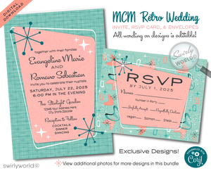 Immerse yourselves in the elegance of the past with our Atomic Powder Pink and Blue Wedding Invitation Set, crafted specifically for couples who adore the classic Mad Men style. This digital download embodies the refined allure of the 1950s-1960s mid-century modern period, merging a chic Palm Springs aesthetic with striking atomic-style starburst motifs, amoeba shapes, and boomerangs in iconic midmod colors.