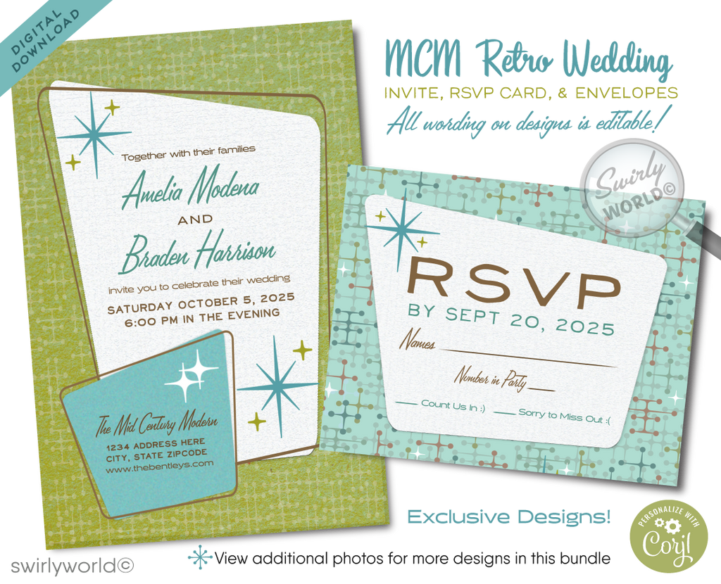 Introducing our Chic 1950s-1960s Mid-Century Modern Wedding Set! Step into the elegance of the mid-century iconic era with our sleek and stylish digital download wedding invitation set. Inspired by the iconic Palm Springs mid-century modern aesthetic, this set features atomic-style starburst motifs and cross stitch patterns, in retro green and blue hues, that evoke the essence of the era.