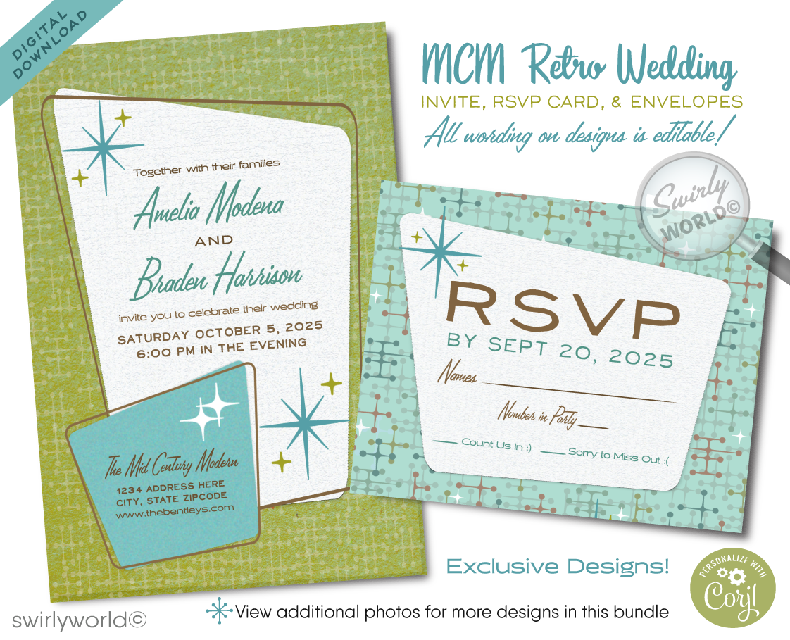 Introducing our Chic 1950s-1960s Mid-Century Modern Wedding Set! Step into the elegance of the mid-century iconic era with our sleek and stylish digital download wedding invitation set. Inspired by the iconic Palm Springs mid-century modern aesthetic, this set features atomic-style starburst motifs and cross stitch patterns, in retro green and blue hues, that evoke the essence of the era.