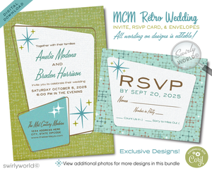 Introducing our Chic 1950s-1960s Mid-Century Modern Wedding Set! Step into the elegance of the mid-century iconic era with our sleek and stylish digital download wedding invitation set. Inspired by the iconic Palm Springs mid-century modern aesthetic, this set features atomic-style starburst motifs and cross stitch patterns, in retro green and blue hues, that evoke the essence of the era.