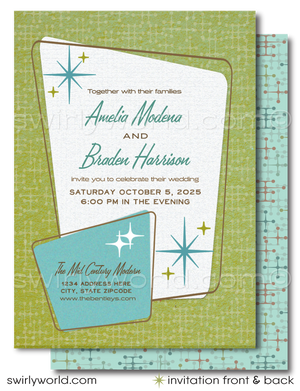Introducing our Chic 1950s-1960s Mid-Century Modern Wedding Set! Step into the elegance of the mid-century iconic era with our sleek and stylish digital download wedding invitation set. Inspired by the iconic Palm Springs mid-century modern aesthetic, this set features atomic-style starburst motifs and cross stitch patterns, in retro green and blue hues, that evoke the essence of the era.