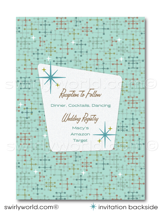 Introducing our Chic 1950s-1960s Mid-Century Modern Wedding Set! Step into the elegance of the mid-century iconic era with our sleek and stylish digital download wedding invitation set. Inspired by the iconic Palm Springs mid-century modern aesthetic, this set features atomic-style starburst motifs and cross stitch patterns, in retro green and blue hues, that evoke the essence of the era.