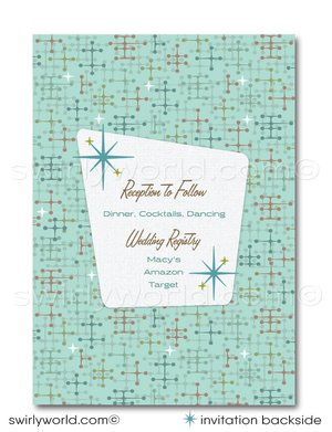 1960s Mid-Century Modern Wedding Invitation Set - Retro Green and Blue Atomic Starbursts