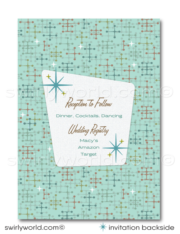 Introducing our Chic 1950s-1960s Mid-Century Modern Wedding Set! Step into the elegance of the mid-century iconic era with our sleek and stylish digital download wedding invitation set. Inspired by the iconic Palm Springs mid-century modern aesthetic, this set features atomic-style starburst motifs and cross stitch patterns, in retro green and blue hues, that evoke the essence of the era.