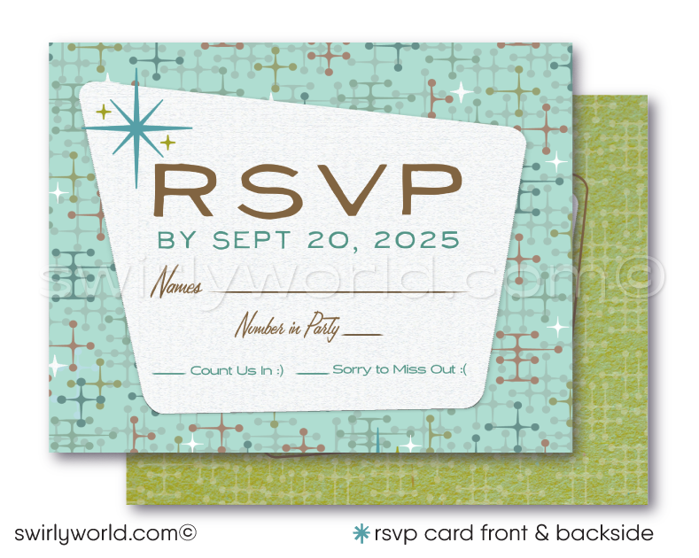 1960s Mid-Century Modern Wedding Invitation Set - Retro Green and Blue Atomic Starbursts