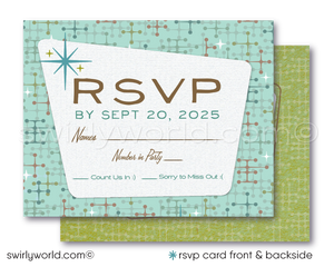 1960s Mid-Century Modern Wedding Invitation Set - Retro Green and Blue Digital Download