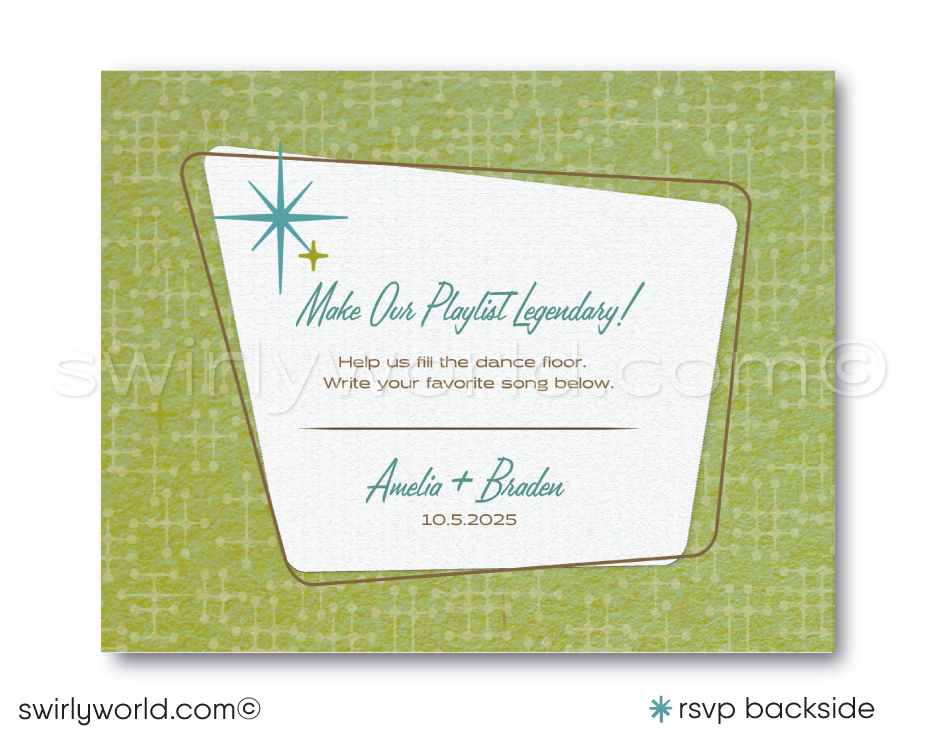 1960s Mid-Century Modern Wedding Invitation Set - Retro Green and Blue Atomic Starbursts