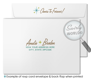 1960s Mid-Century Modern Wedding Invitation Set - Retro Green and Blue Atomic Starbursts