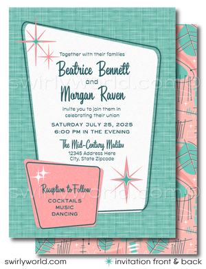Celebrate your love with a splash of vintage flair using our Atomic Powder Pink and Blue Wedding Invitation Set, perfectly tailored for the swanky couple with a penchant for the iconic Mad Men aesthetic. This digital download captures the sophisticated charm of the 1950s-1960s mid-century modern era, blending a fashionable Palm Springs vibe with eye-catching atomic-style starburst motifs in classic midmod colors.