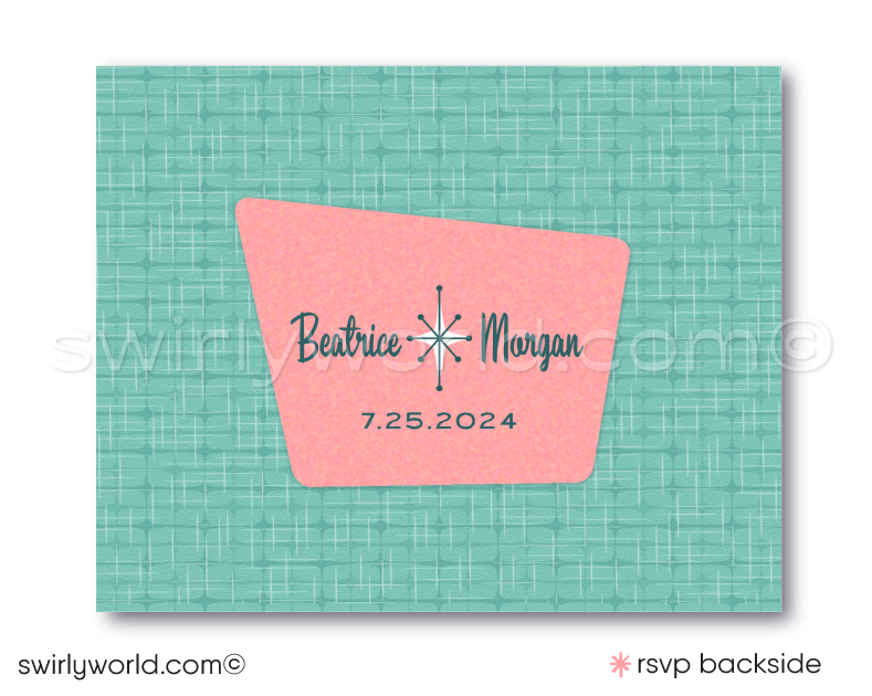 Atomic Powder Pink and Blue Wedding Invitation Set - Mid-Century Modern Digital Download