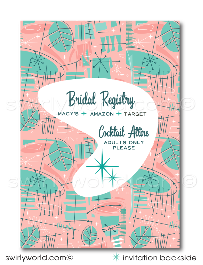 Celebrate your love with a splash of vintage flair using our Atomic Powder Pink and Blue Wedding Invitation Set, perfectly tailored for the swanky couple with a penchant for the iconic Mad Men aesthetic. This digital download captures the sophisticated charm of the 1950s-1960s mid-century modern era, blending a fashionable Palm Springs vibe with eye-catching atomic-style starburst motifs in classic midmod colors.