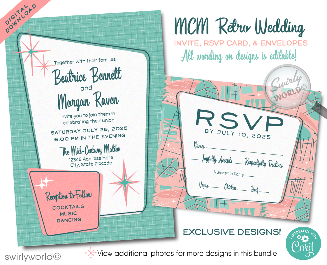 Celebrate your love with a splash of vintage flair using our Atomic Powder Pink and Blue Wedding Invitation Set, perfectly tailored for the swanky couple with a penchant for the iconic Mad Men aesthetic. This digital download captures the sophisticated charm of the 1950s-1960s mid-century modern era, blending a fashionable Palm Springs vibe with eye-catching atomic-style starburst motifs in classic midmod colors.