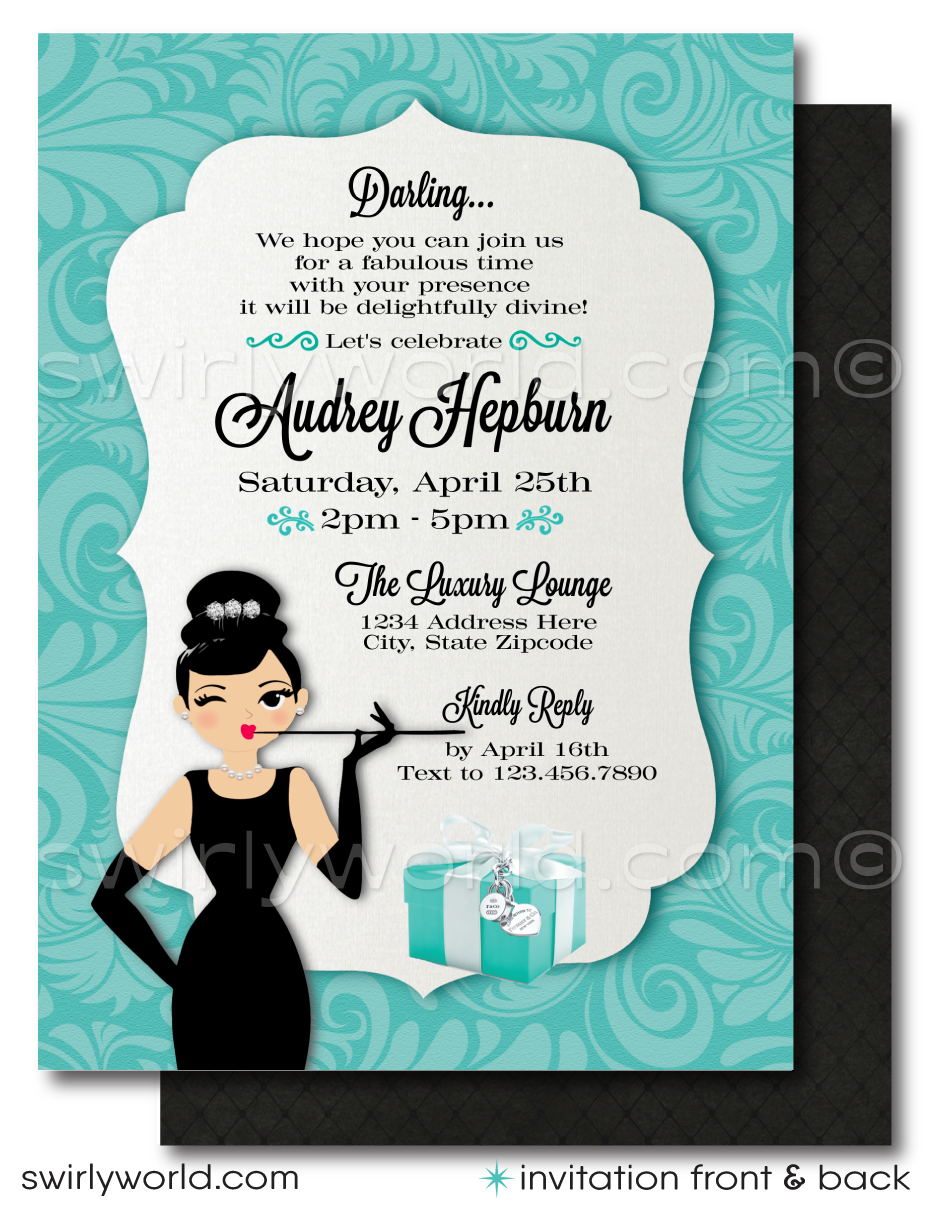 Breakfast at Tiffany's Audrey Hepburn Shabby Chic Chandelier Baby Shower  Invitation Set, image size:930x1212