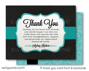 Host an elegant 'Breakfast at Tiffany's' themed baby shower with Swirly World's digital invitation set. Features Tiffany Blue, vintage damask patterns, and Audrey Hepburn’s iconic style. Customize easily with Corjl. Perfect for a glamorous celebration honoring a fabulous mom-to-be. Download and personalize today!
