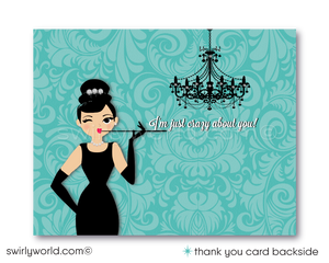 Host an elegant 'Breakfast at Tiffany's' themed baby shower with Swirly World's digital invitation set. Features Tiffany Blue, vintage damask patterns, and Audrey Hepburn’s iconic style. Customize easily with Corjl. Perfect for a glamorous celebration honoring a fabulous mom-to-be. Download and personalize today!