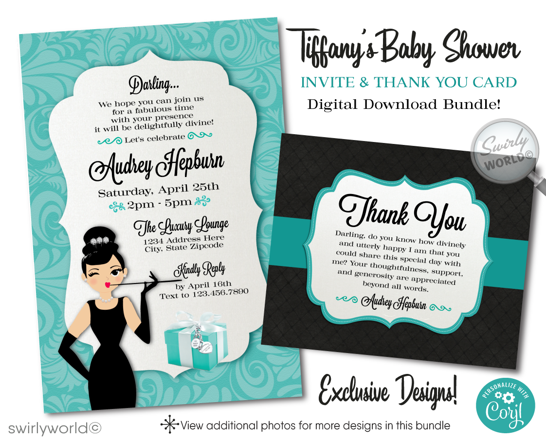 Host an elegant 'Breakfast at Tiffany's' themed baby shower with Swirly World's digital invitation set. Features Tiffany Blue, vintage damask patterns, and Audrey Hepburn’s iconic style. Customize easily with Corjl. Perfect for a glamorous celebration honoring a fabulous mom-to-be. Download and personalize today!