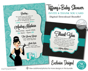 Host an elegant 'Breakfast at Tiffany's' themed baby shower with Swirly World's digital invitation set. Features Tiffany Blue, vintage damask patterns, and Audrey Hepburn’s iconic style. Customize easily with Corjl. Perfect for a glamorous celebration honoring a fabulous mom-to-be. Download and personalize today!