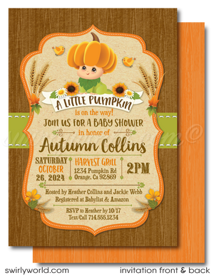 The "Little Pumpkin on the Way" Halloween baby shower design is gender-neutral, perfect for celebrating either a baby boy or girl. It features playful illustrations of a newborn baby with a pumpkin on the head, surrounded by sunflowers and wheat grass, and uses vintage-style rustic fonts to evoke a sense of nostalgia and rustic elegance.