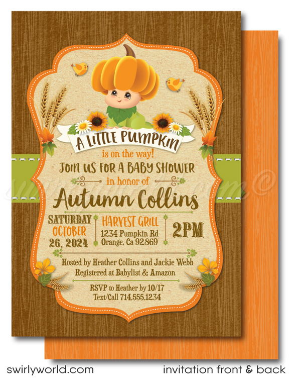 Little Pumpkin Halloween Fall Harvest Baby Shower Invitation & Thank You Card Digital Download