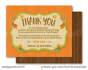 Welcome your little one with our 'Little Pumpkin On the Way' baby shower invitation set. Perfect for fall or Halloween celebrations, this gender-neutral invite and thank you card set features a charming baby with a pumpkin on head illustration. Easily customizable and printable at home, making your event unforgettable.