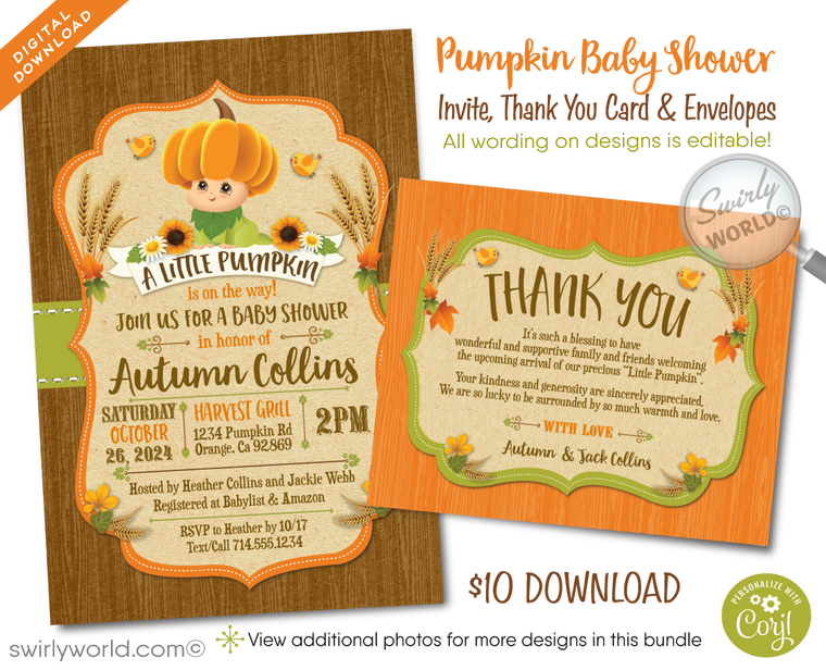 Little Pumpkin Halloween Fall Harvest Baby Shower Invitation & Thank You Card Digital Download