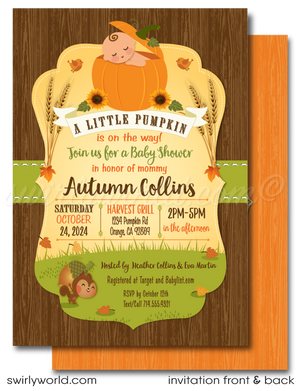 Fall in love with the perfect invite for your Little Pumpkin's big debut! Our Fall Festive "Little Pumpkin" Baby Shower Printed Bundle includes an invitation with a book request card, thank you card, and matching envelopes. Featuring Autumn elements like sunflowers and wheat grass. Customize wording in Corjl for a hassle-free, wonderful celebration.