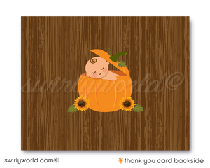 Fall in love with the perfect invite for your Little Pumpkin's big debut! Our Fall Festive "Little Pumpkin" Baby Shower Printed Bundle includes an invitation with a book request card, thank you card, and matching envelopes. Featuring Autumn elements like sunflowers and wheat grass. Customize wording in Corjl for a hassle-free, wonderful celebration.