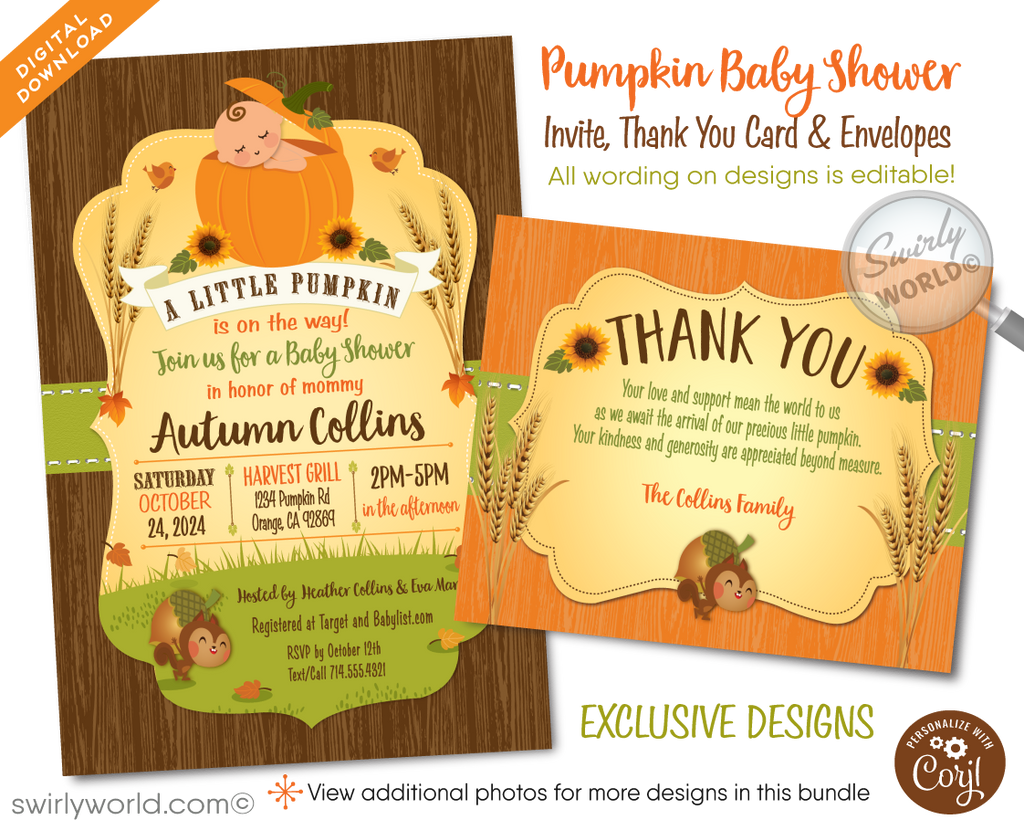 Celebrate the arrival of your little one with our "Little Pumpkin On the Way" Fall Baby Shower Invitation & Thank You Card Set. This charming digital download features a gender-neutral design with warm autumn colors, perfect for a cozy baby shower or Halloween-themed event. Easily customizable and ideal for home printing.