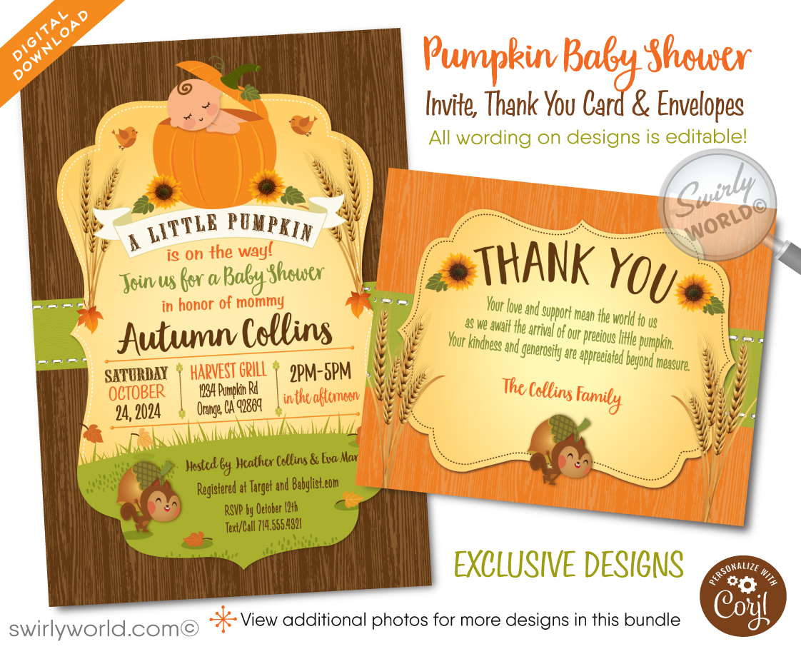 Celebrate the arrival of your little one with our "Little Pumpkin On the Way" Fall Baby Shower Invitation & Thank You Card Set. This charming digital download features a gender-neutral design with warm autumn colors, perfect for a cozy baby shower or Halloween-themed event. Easily customizable and ideal for home printing.