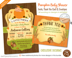 Celebrate the arrival of your little one with our "Little Pumpkin On the Way" Fall Baby Shower Invitation & Thank You Card Set. This charming digital download features a gender-neutral design with warm autumn colors, perfect for a cozy baby shower or Halloween-themed event. Easily customizable and ideal for home printing.