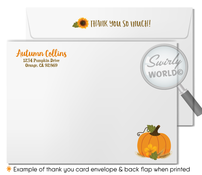 Little Pumpkin Fall Autumn Harvest October Halloween Baby Shower thank you cards.