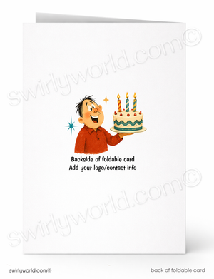 A folded greeting card shown front and back on a white background. The front features a cartoon man holding a birthday cake with three lit candles, and the back has placeholder text reading 'Backside of foldable card' and 'Add your logo/contact info'.