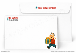 A printed white envelope set shown on a light gray background. The front envelope has a cartoon boy carrying a gift box in the lower right corner and sample address text in the upper left.