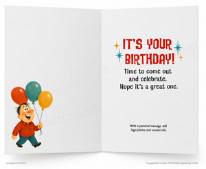 An open folding greeting card shown front and back. The left panel features a cartoon boy holding red, teal, and yellow balloons.