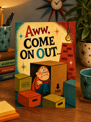 A retro-style illustrated greeting card or art print reading 'Aww, Come On Out.