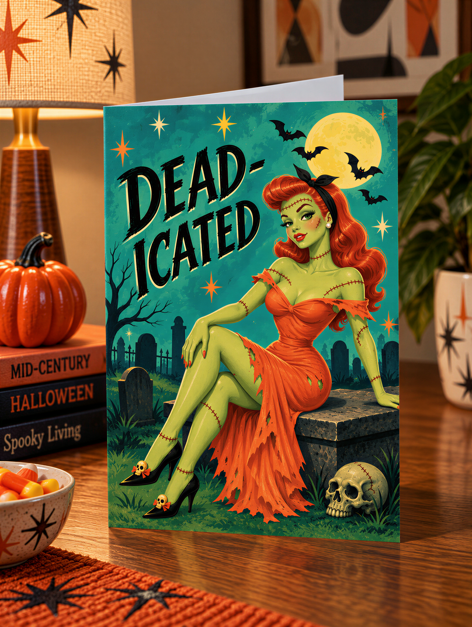 A woman with red hair and green skin is sitting on a stone slab in a cemetery, wearing an orange dress and high heels. The background features a full moon, bats, and a skull. The text "DEAD-ICATED" is prominently displayed above the woman.