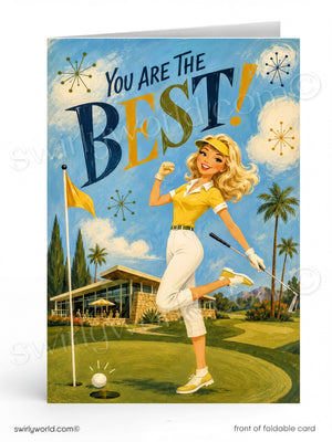 Greeting card with a woman playing golf on a golf course, featuring text 'You Are The Best!'.